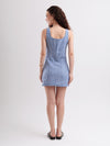 Soda White & Blue Cotton Gingham Fitted Mini Dress with Front Button Details