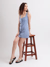Soda White & Blue Cotton Gingham Fitted Mini Dress with Front Button Details