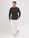 Navy & Brown Plaid Cotton Dobby Casual Men Shirt