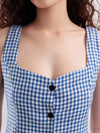 Soda White & Blue Cotton Gingham Fitted Mini Dress with Front Button Details