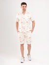 Off White & Teracotta Palm Print Lapel Collar Oversize Cotton Casual Men Shirt