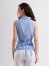 Sleeveless Blue & White Cotton Pinstripe Tailored Shirt with Back Tie Up