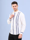 Linen blend, white band collar , blue stripes shirt