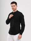 Black Cotton Linen Mandarin Collar Men Shirt