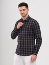 Navy & Brown Plaid Cotton Dobby Casual Men Shirt