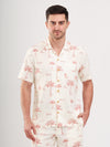 Off White & Teracotta Palm Print Lapel Collar Oversize Cotton Casual Men Shirt