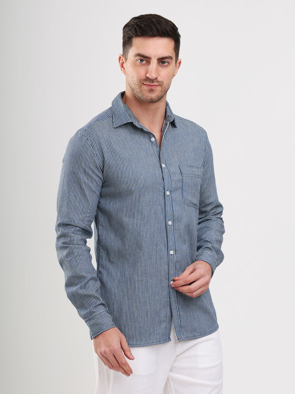 Navy & White Stripe Heavy Cotton Twill Casual Men Shirt