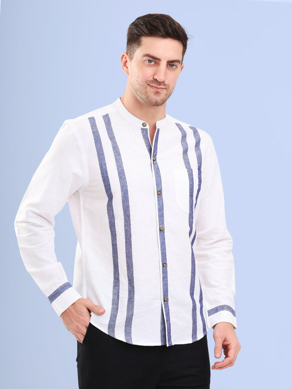 White & Charcoal Stripe Cotton Slub Mandarin Collar Men Shirt