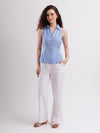 Sleeveless Blue & White Cotton Pinstripe Tailored Shirt with Back Tie Up