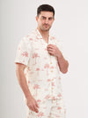 Off White & Teracotta Palm Print Lapel Collar Oversize Cotton Casual Men Shirt
