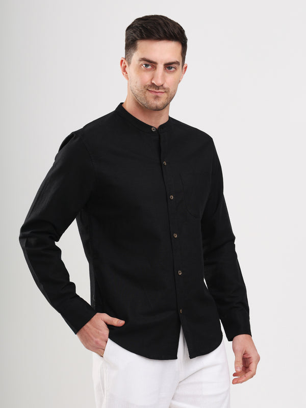 Black Cotton Linen Mandarin Collar Men Shirt