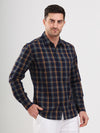 Navy & Brown Plaid Cotton Dobby Casual Men Shirt