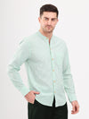 Sea Green & White Stripe Seersucker Mandarin Collar Men Shirt