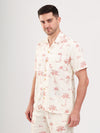 Off White & Teracotta Palm Print Lapel Collar Oversize Cotton Casual Men Shirt