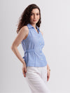 Sleeveless Blue & White Cotton Pinstripe Tailored Shirt with Back Tie Up