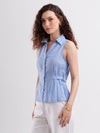Sleeveless Blue & White Cotton Pinstripe Tailored Shirt with Back Tie Up