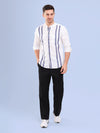 White & Charcoal Stripe Cotton Slub Mandarin Collar Men Shirt