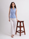 Sleeveless Blue & White Cotton Pinstripe Tailored Shirt with Back Tie Up