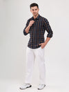 Navy & Brown Plaid Cotton Dobby Casual Men Shirt