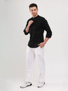 Black Cotton Linen Mandarin Collar Men Shirt