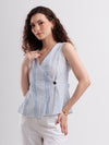 Sleeveless Blue & White Cotton Woven Thread Work Wrap Top