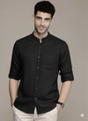 Linen blend, black band-collar shirt