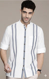 Linen blend, white band collar , blue stripes shirt