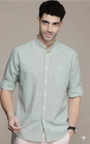 Mint green striped band-collar cotton shirt