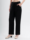Black Cotton Linen Straight Trousers